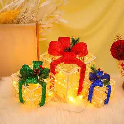 LED Christmas Foldable Acrylic Gift Box Set, 3-Piece Light-Up