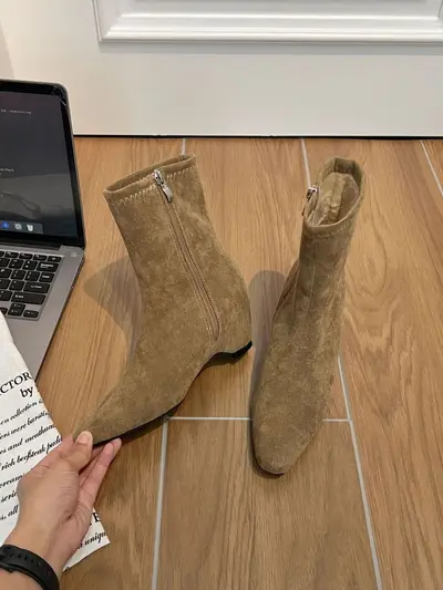 Women's Suede Ankle Boots, Hidden Heel, Square Toe, Stretch Slim Fit - 10