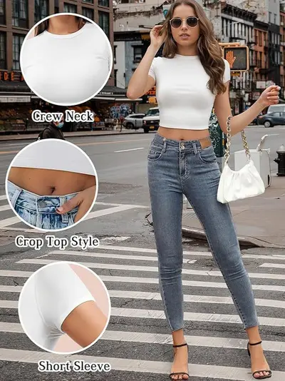 Cross-border European and American style crop top t-shirt hot girl summer sweater women's slim round neck fashion milk silk short sleeve