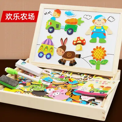 儿童启蒙早教多功能双面画板磁性拼拼乐幼儿园益智力拼图木制玩具 - 10