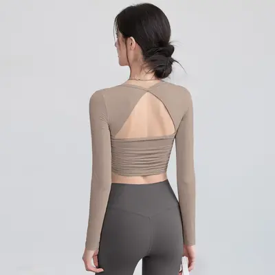 Yoga Top, Long Sleeve, Built-in Bra Pad, Backless Cut-Out - 7