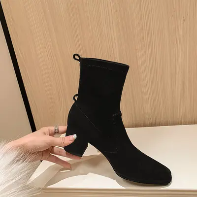 Women's Chunky Heel Stretch Suede-Look Short Boots, Slim Fit
