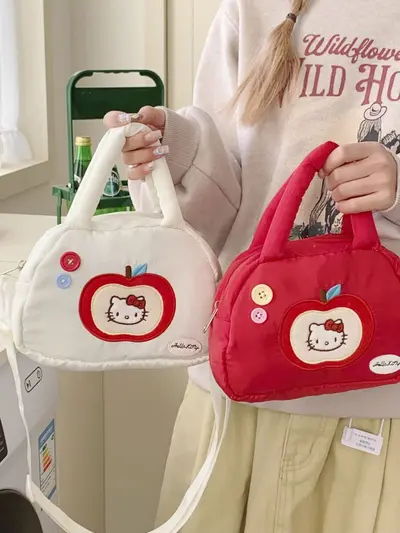 Women's Handbag with Apple Embroidery and Cat Design Portable Casual Shoulder Bag - 3