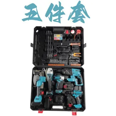 Lithium battery powered tool set, 5-piece, drill, impact wrench, grinder - 1