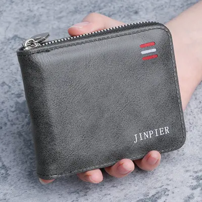 Erkek yatay kısa cüzdan, fermuarlı üç katlı, retro çıtçıtlı - 7