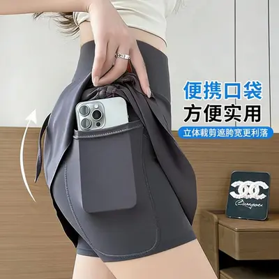 Side Pocket Drawstring High-Waist 3/4 Skort Yoga Shorts for Women