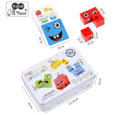 Holzgesicht-Verwandlungs-Rubik-Würfel Brettspiel Bausteine für Kinder, bunter großer Metallkasten Puzzle, Familie Denk-Lernspielzeug - 6