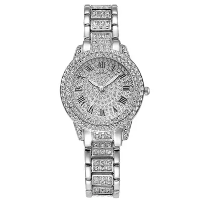Trendy Best-Selling Roman Numeral Luxury Diamond-Studded Cuban Bracelet with Women's Watch Fashionable Hip-Hop Steel Watch