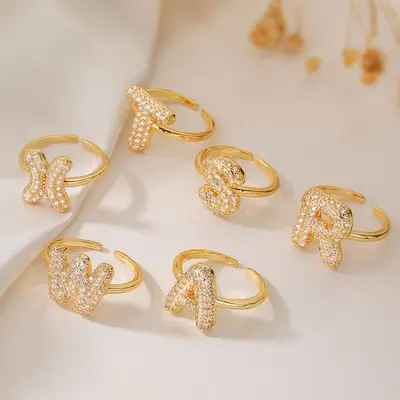 Copper-Plated 18K Gold Zircon Letter Ring for Women