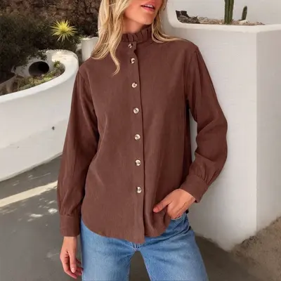 Women's Solid Color Ruffle Collar Corduroy Shirt Jacket