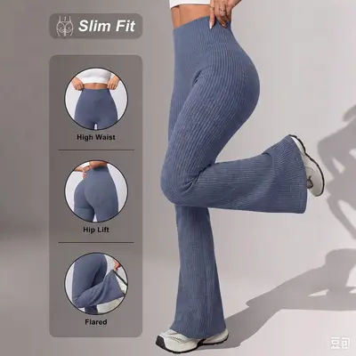 Women's Yoga Leggings Ribbed, High Waist, Tummy Control, Autumn-Winter - 11