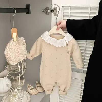 Kız Bebek Örgü Tulum Sonbahar Kış Nakışlı Uzun Kollu