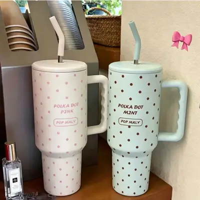 Yıldız puantiyeli buz bardağı, kulplu, büyük kapasiteli, pipetli