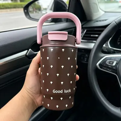 316 Paslanmaz Çelik Termos Bardak Kadınlar İçin Leopar Desenli Pipetli 600 ml - 9