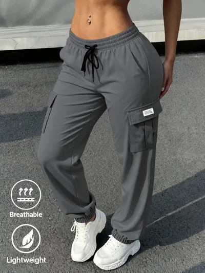 Women's Loose Multi-Pocket Workwear Pants, Spring Summer, Drawstring Hem, EU Size - 1