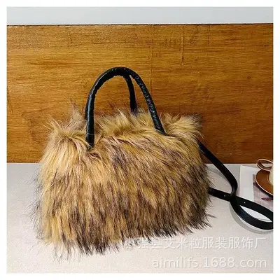Women's Large Capacity Long-Haired Tote Bag, Contrast Color, Soft Structure - 7
