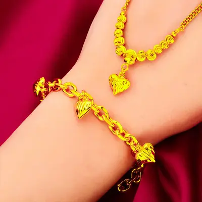 Vietnam Sand Gold Hollow Women's Necklace and Bracelet, Love Design