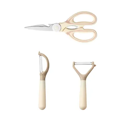 Kitchen scissors milk coffee color panda scissors multifunctional chicken bone scissors stainless steel home scissors fruit peeling knife set