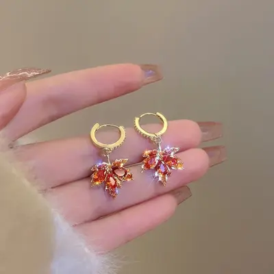 Red Maple Leaf Earrings for Women, Retro Style