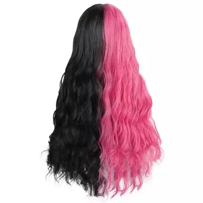 Cosplay-Anime-Perücke, Schwarz-Pink zweifarbig, langes lockiges Haar