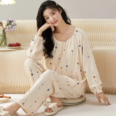 Women's Long Sleeve Two-Piece Pajama Set, Round Neck, Loose Fit - 8