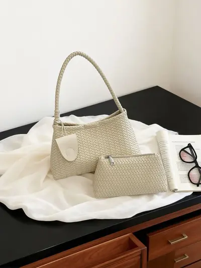 Damen-Achseltasche mit Geflechtmuster, Retro-Mutter-Kind-Tasche, Pendler-Tote-Bag - 6