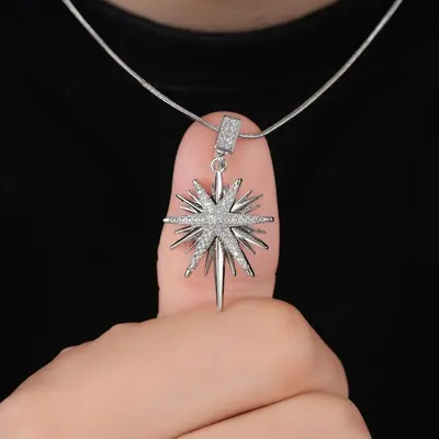 项链男女跨境新款时尚百搭八芒星铜镀金镶锆石吊坠颈链钛钢锁骨链 - 3