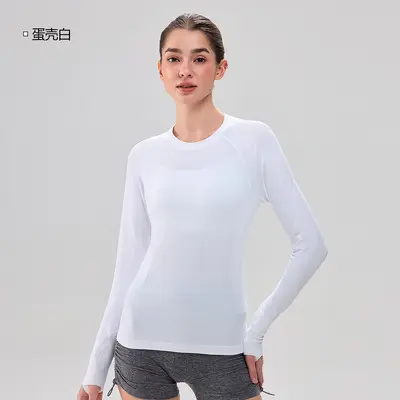 新款无缝一体织瑜伽T恤女普拉提修身显瘦上衣专业健身服运动长袖 - 7