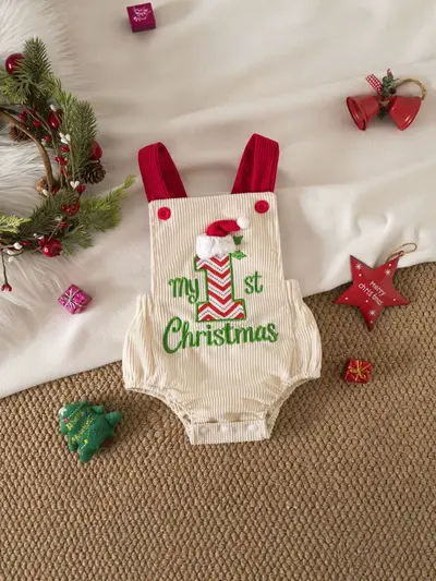 Kız Bebek Noel Temalı Fitilli Kadife Kolsuz Tulum, Nakışlı