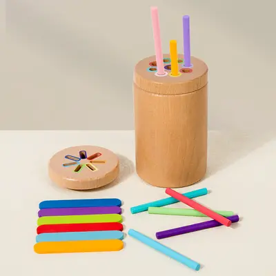 Color and shape sorting bucket, solid wood, ages 3-6