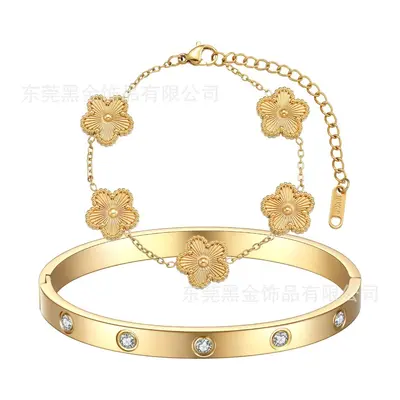 Titanium Steel Five-Leaf Flower Oval Diamond Bracelet, 18K Gold - 7