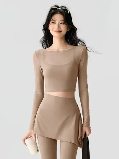 女款假两件瑜伽套装短款露腰长袖上衣抽绳裙边微喇裤普拉提健身服 - 3