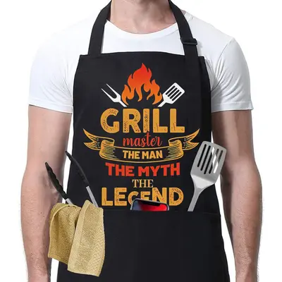 Black Men's Barbecue Chef Apron with Pockets, Adjustable, Waterproof
