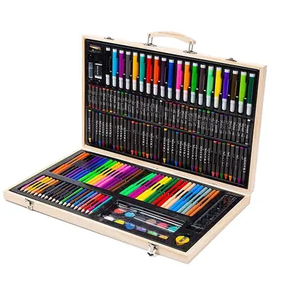 180-Piece Wooden Box Painting Set with Watercolor and Crayons