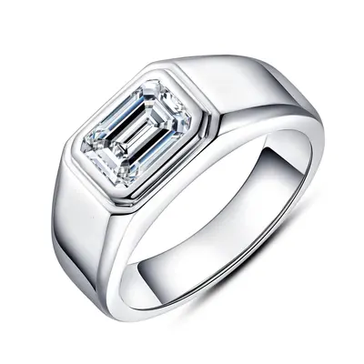 925 Sterling Silver 2-Carat Moissanite Emerald-Cut Men's Ring