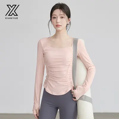 Long-Sleeve Open-Back Pleated Yoga Top with Built-in Bra Pads