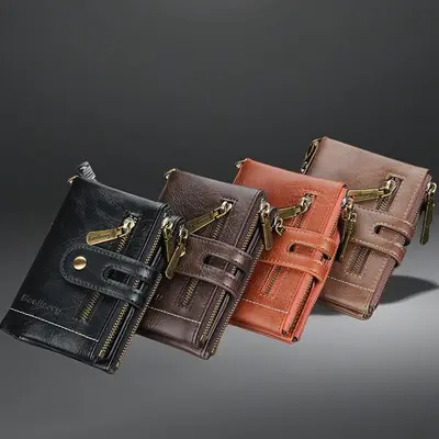 Men's short wallet, large capacity, double zipper, multi-card slots, anti-lost chain - 4