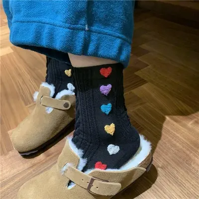 Korean Women's Mid-Calf Socks, Embossed Heart Pattern, Colorful - 2