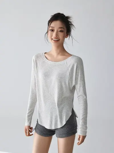 慵懒感瑜伽长袖性感宽松圆领打底衫休闲运动舞蹈瑜伽服速干T恤女 - 1