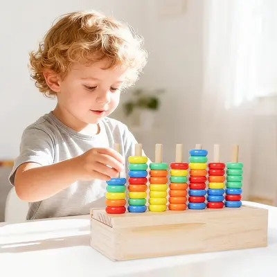 Children's Wooden Rainbow Stacking Rings Color Sorting and Matching Toy, Baby Color Recognition Hands-On Brain Game