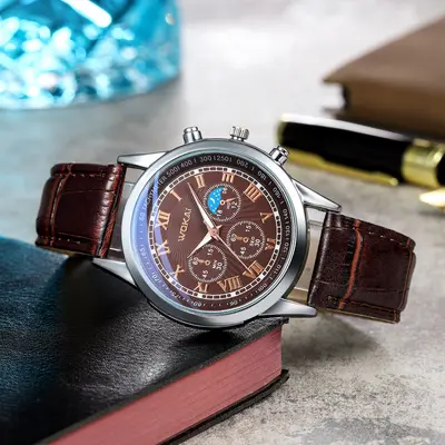 Men's leather strap quartz watch waterproof - 3