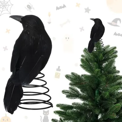 Halloween Simulated Crow Tree Topper and Spiral Decoration - 1
