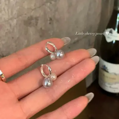 Dual pearl ear studs, circle earrings - 3