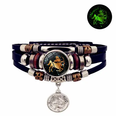 Luminous 12 Zodiac Leather Bracelet, Handmade Multi-Layer Beaded Couple Gift