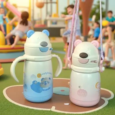 Edelstahl-Isolierbecher für Kleinkinder mit Schwerkraftball, liegend trinkbar, Strohhalm-Becher mit Griff, Rückentragegurt und Cartoon-Wasserbecher - 3