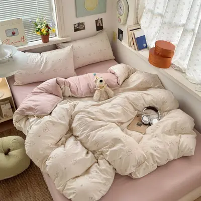 Grade A Mother and Baby Ultra-Soft Four-Piece Water-Washed Cotton Bedding Set with Fitted Sheet Duvet Cover Student Dormitory Three 4-Piece Bed Set A - 8