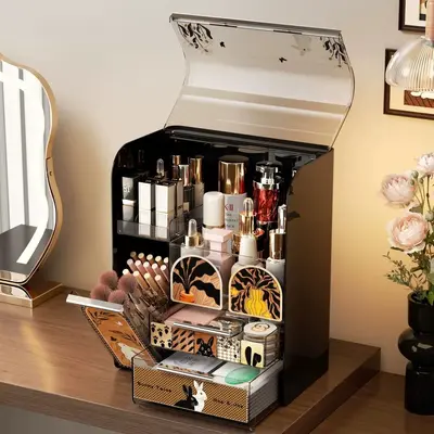 Desktop-Aufbewahrungsbox mit großem Fassungsvermögen, Schubladendesign, eleganter Look, Vintage-Stil, Make-up-Tisch, Kosmetik- und Hautpflege-Organizer