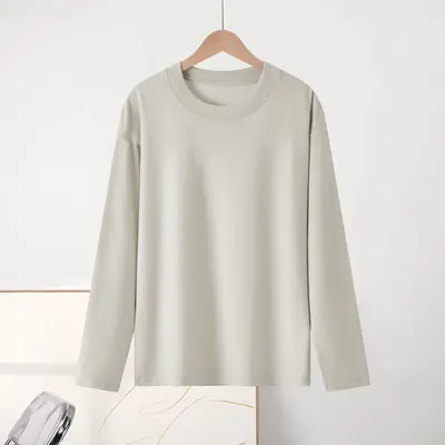 Women's 230g simple inner-lined shirt autumn long sleeve pure cotton right shoulder men's t-shirt round neck solid color double outfit wholesale - 12