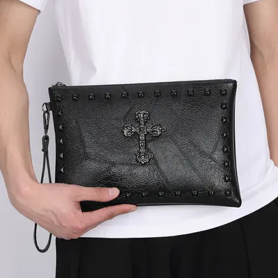 Renk Bloklu Perçinli Erkek El Çantası, Hafif Mini Clutch - 3