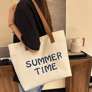 Women's Embroidered Letter Canvas Tote Bag, Large Capacity, Single Shoulder - 8
